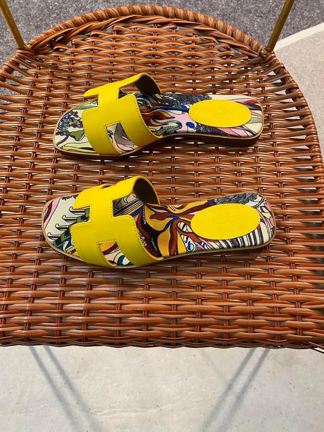 Hermès Oran Slide Yellow Multicolor Printed Canvas Slippers 2