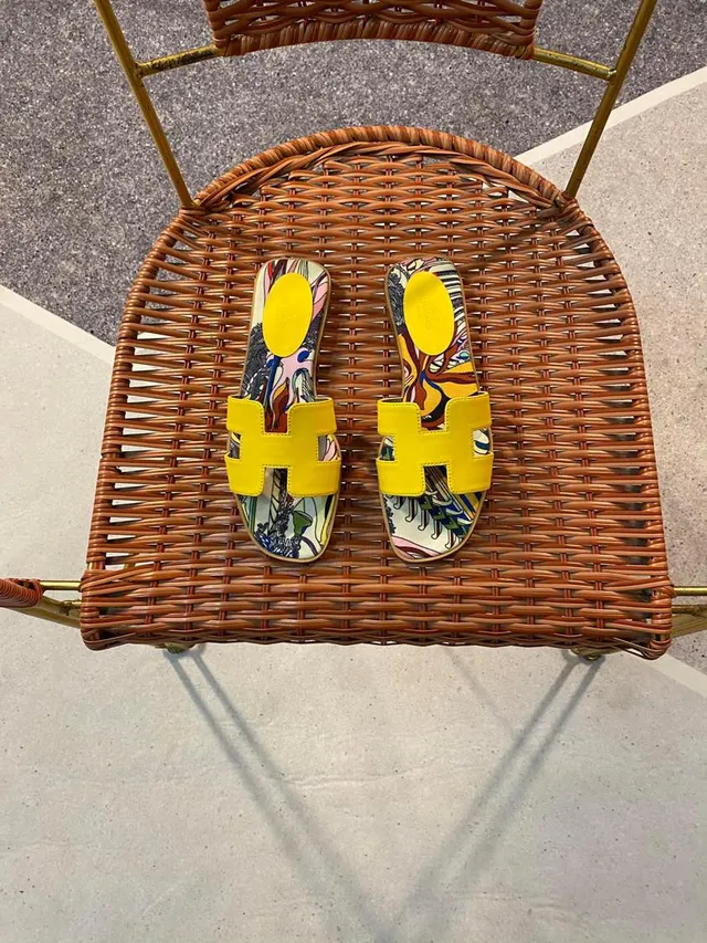 Hermès Oran Slide Yellow Multicolor Printed Canvas Slippers 6