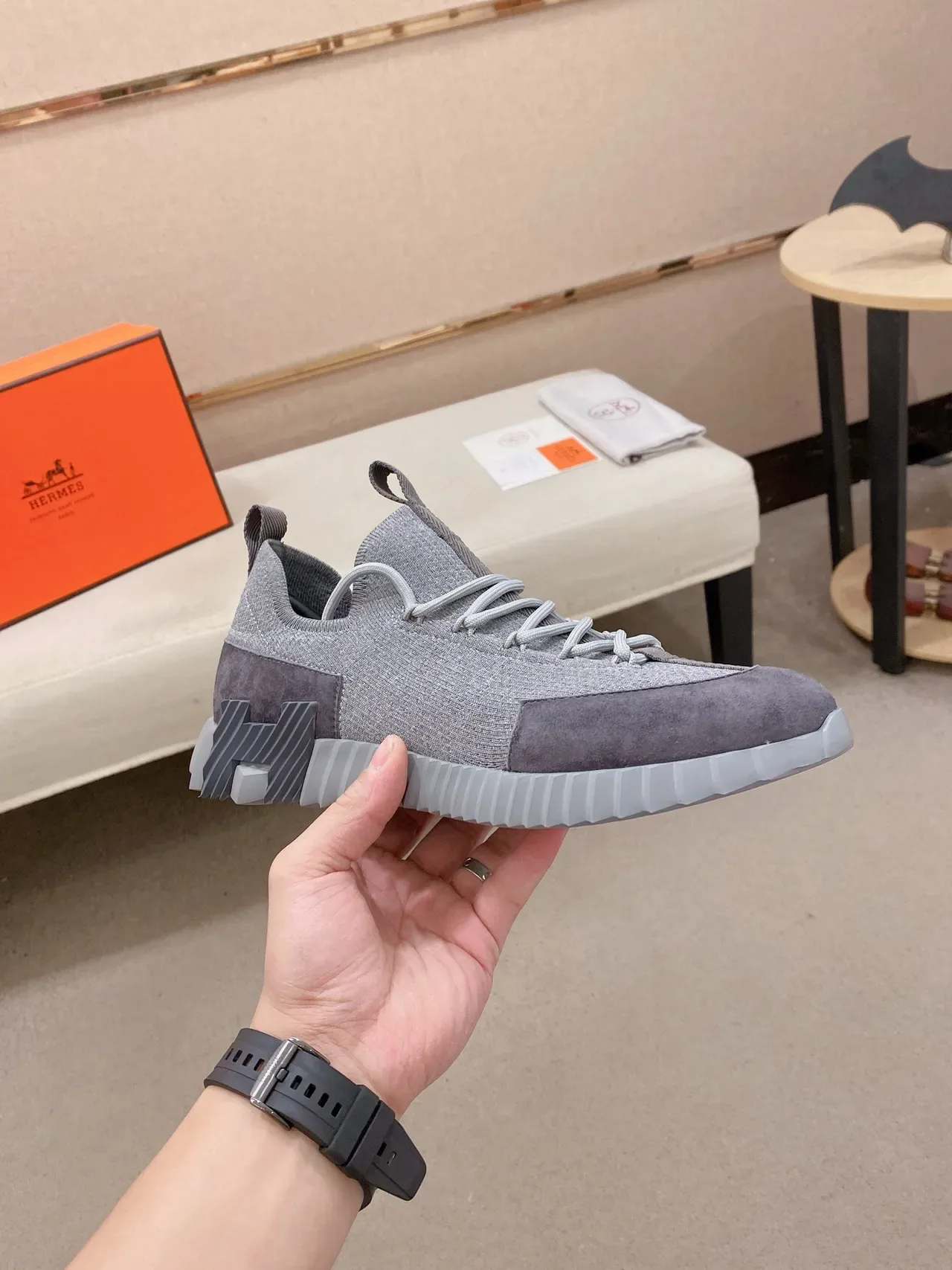 Hermès Oran Sneaker Gray Knit and Suede Lifestyle Sneakers 5