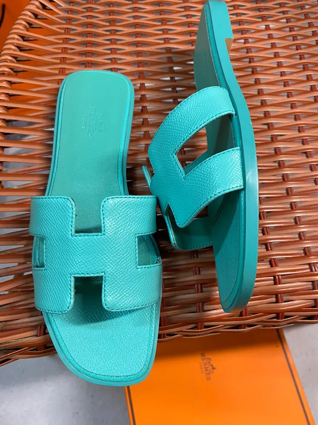 Hermès Oran Turquoise Leather Slippers 2