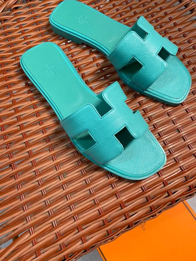 Hermès Oran Turquoise Leather Slippers 3