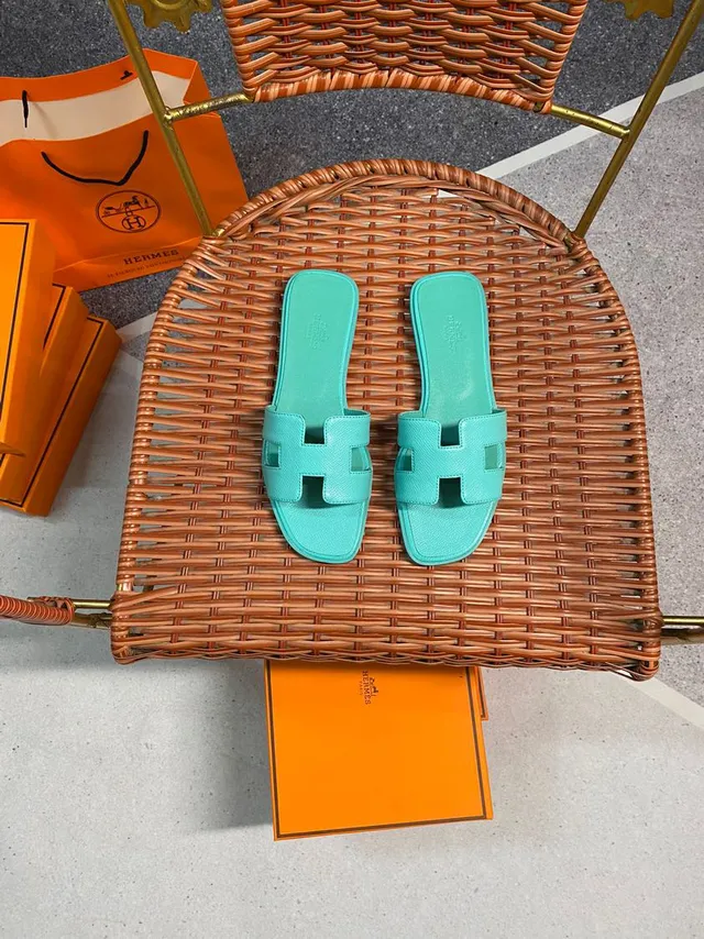 Hermès Oran Turquoise Leather Slippers 4