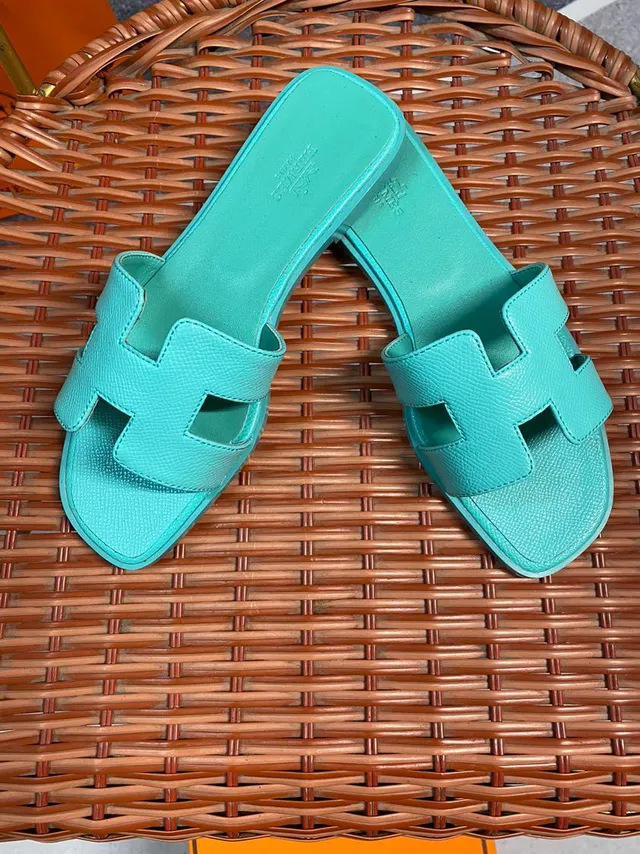 Hermès Oran Turquoise Leather Slippers 5