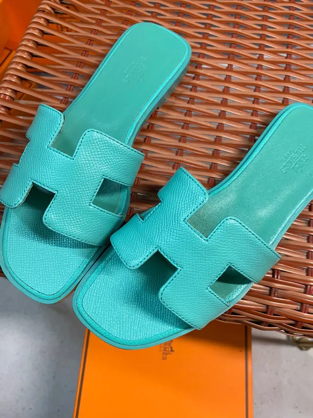 Hermès Oran Turquoise Leather Slippers 6