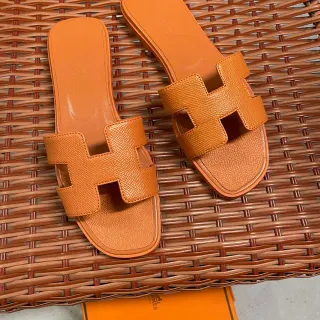 Hermès Orange H-Shaped Strap Textured Leather Slippers