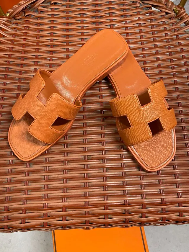Hermès Orange H-Shaped Strap Textured Leather Slippers 2