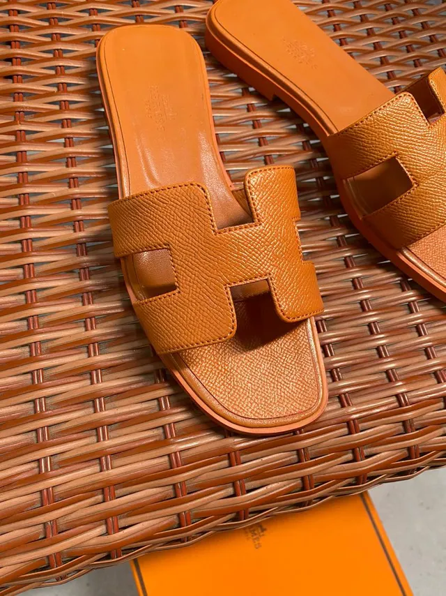 Hermès Orange H-Shaped Strap Textured Leather Slippers 3