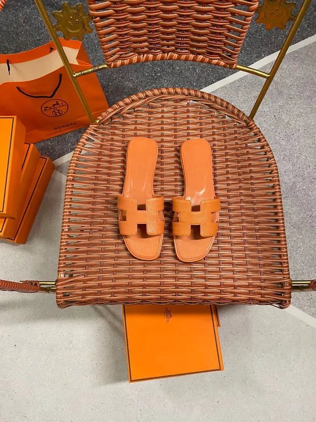 Hermès Orange H-Shaped Strap Textured Leather Slippers 4
