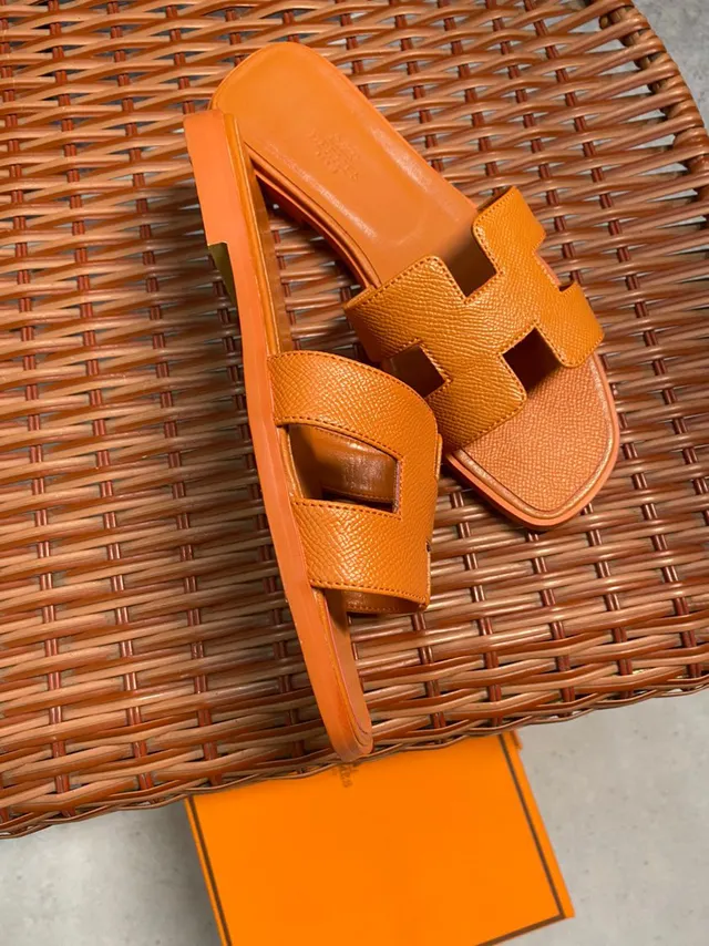 Hermès Orange H-Shaped Strap Textured Leather Slippers 5