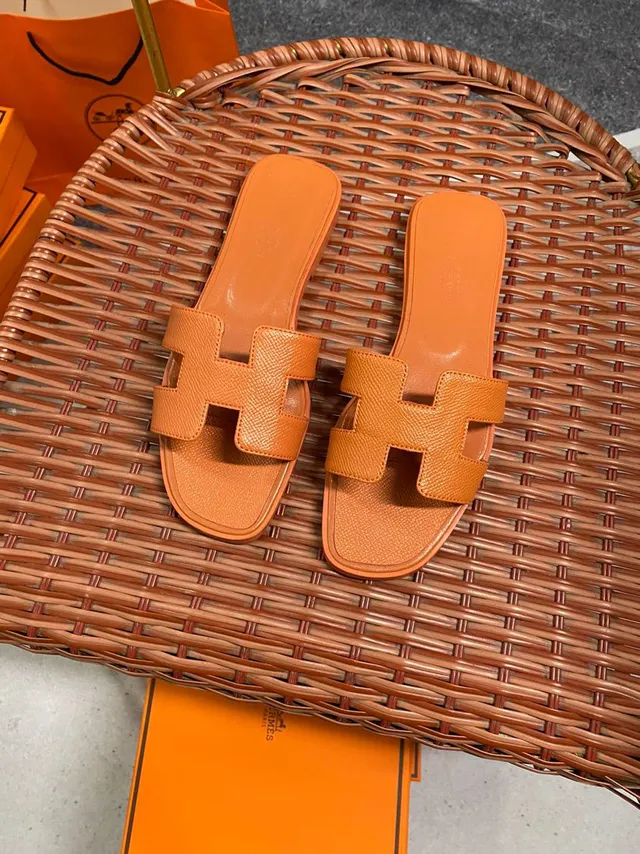 Hermès Orange H-Shaped Strap Textured Leather Slippers 6