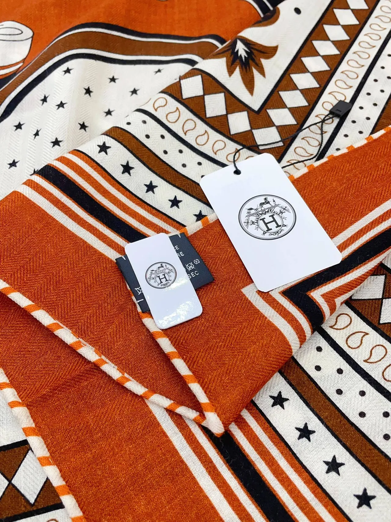 Hermès Orange Multicolor Geometric Pattern Silk Scarf 1