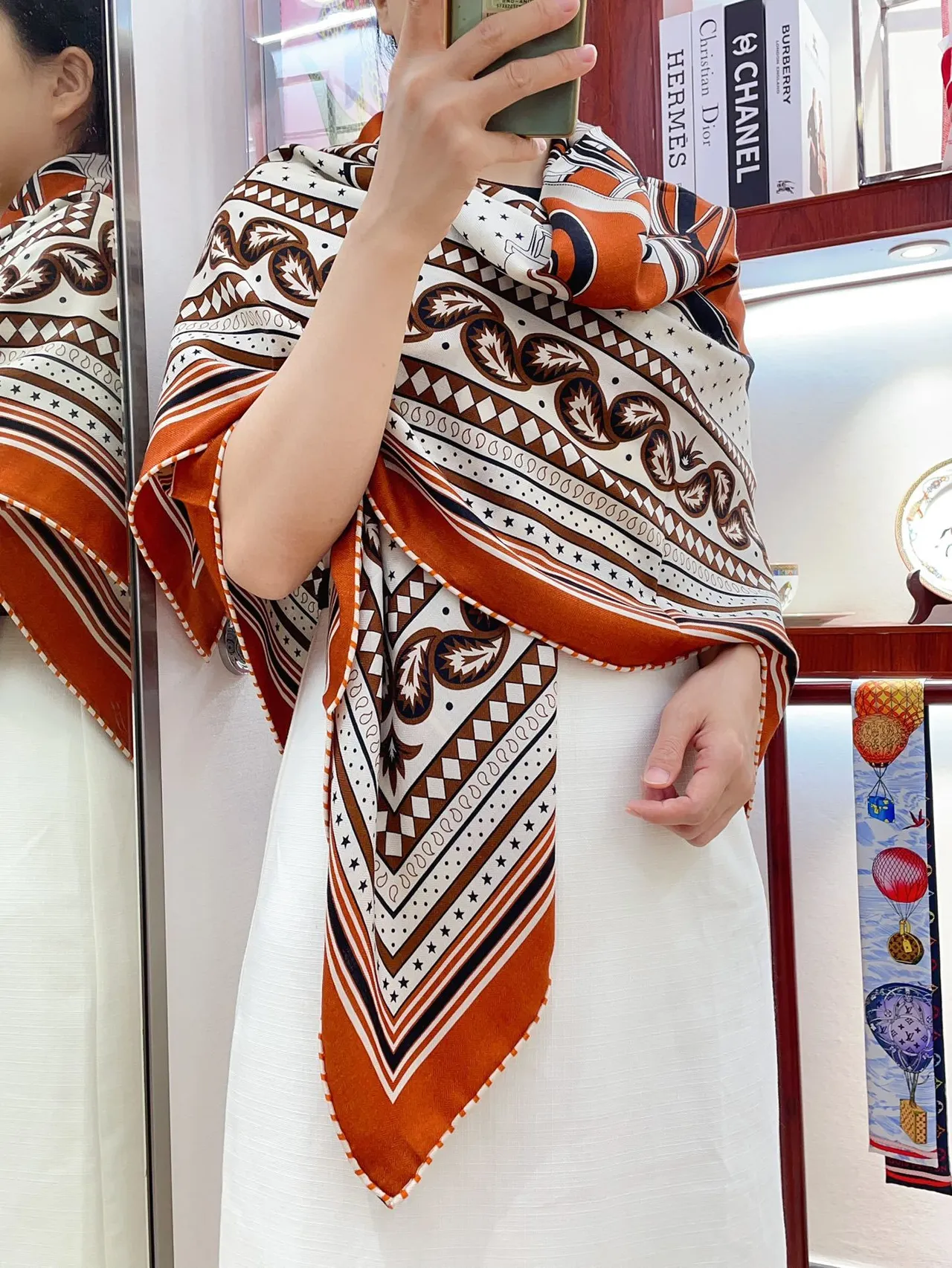 Hermès Orange Multicolor Geometric Pattern Silk Scarf 2
