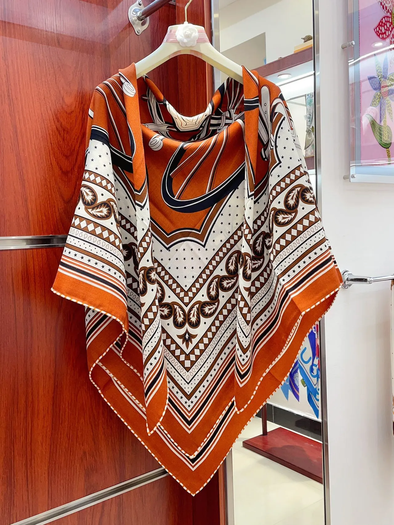 Hermès Orange Multicolor Geometric Pattern Silk Scarf 7