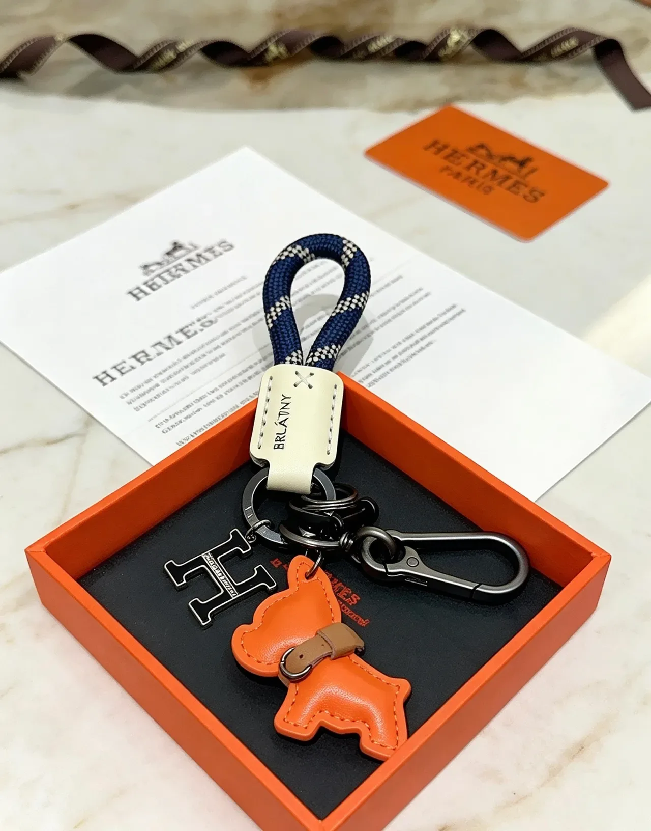 Hermès Orange Navy Rope-Loop Leather-Charm Phone Case 3