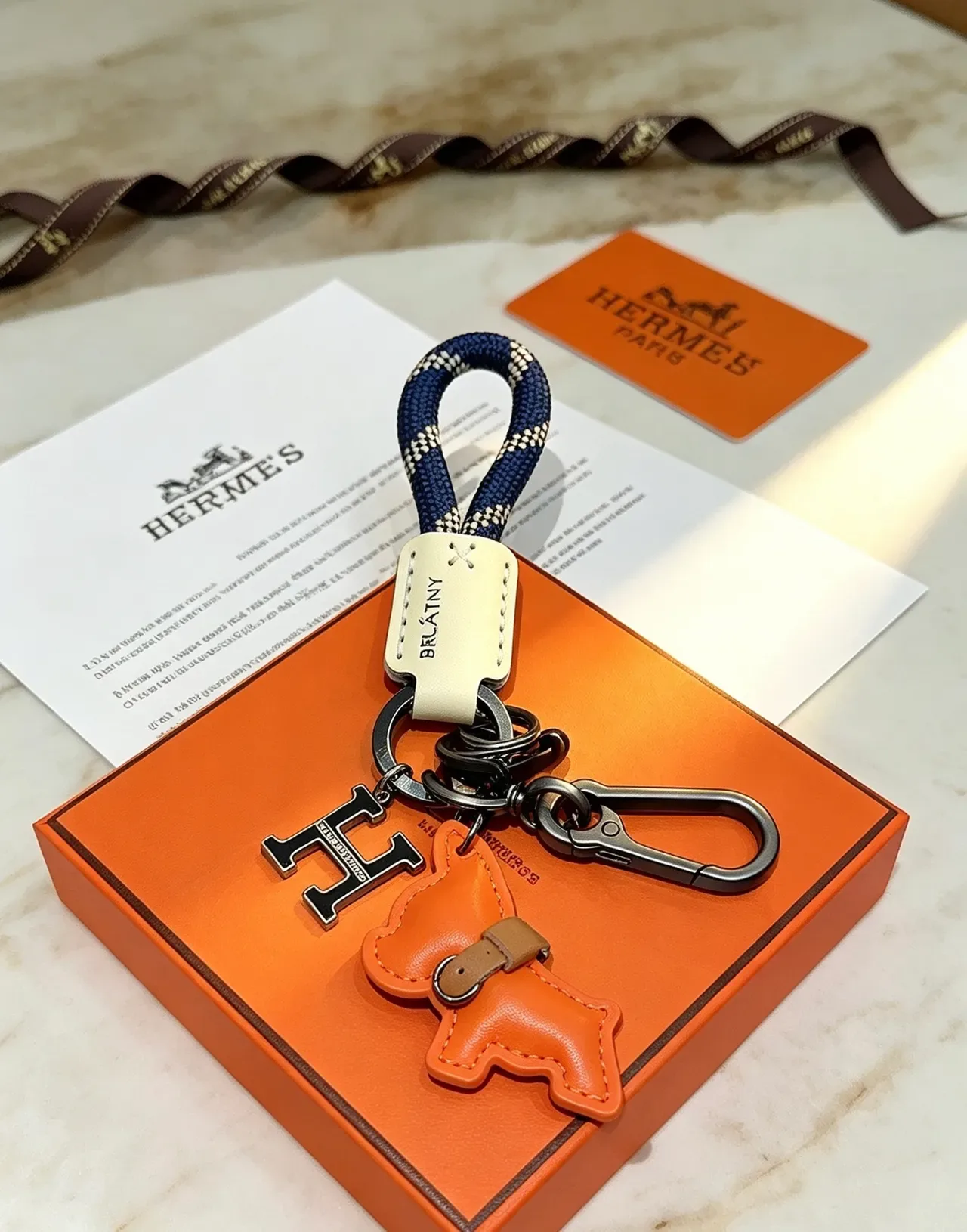 Hermès Orange Navy Rope-Loop Leather-Charm Phone Case 5