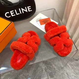 Hermès Orange Red Plush Shearling-Like Upper Double Wide Strap Slippers