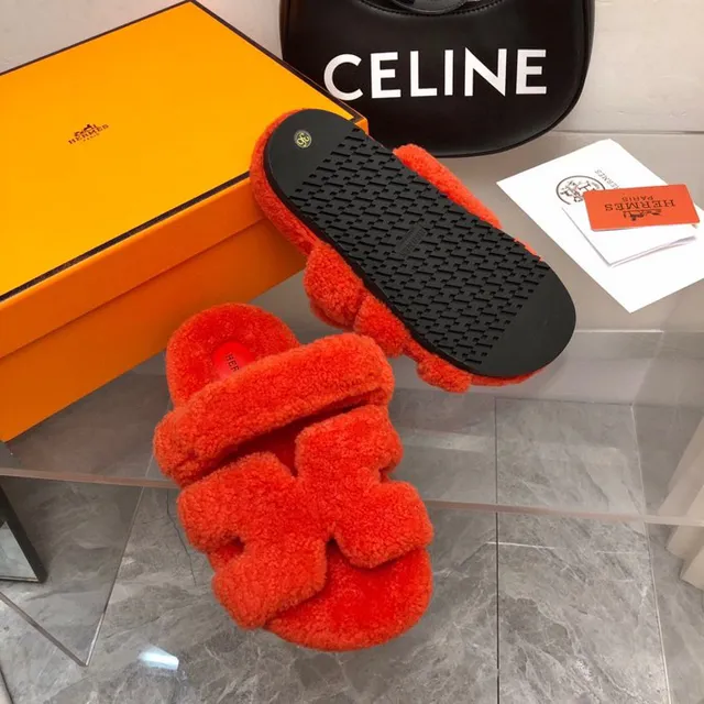 Hermès Orange Red Plush Shearling-Like Upper Double Wide Strap Slippers 2