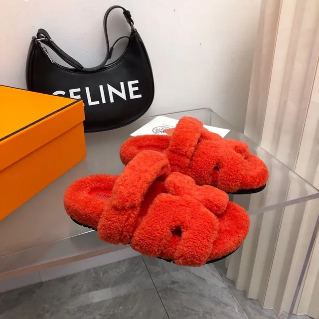 Hermès Orange Red Plush Shearling-Like Upper Double Wide Strap Slippers 3