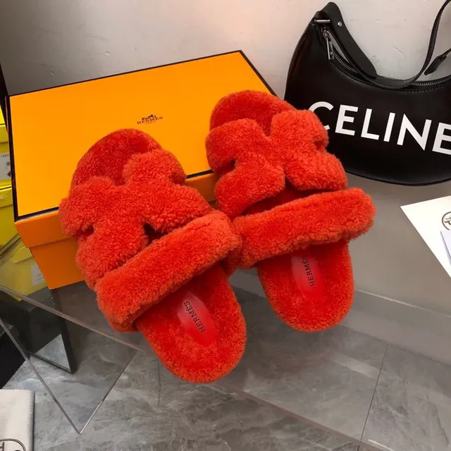 Hermès Orange Red Plush Shearling-Like Upper Double Wide Strap Slippers 4