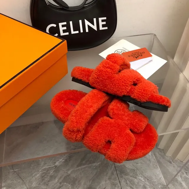 Hermès Orange Red Plush Shearling-Like Upper Double Wide Strap Slippers 5