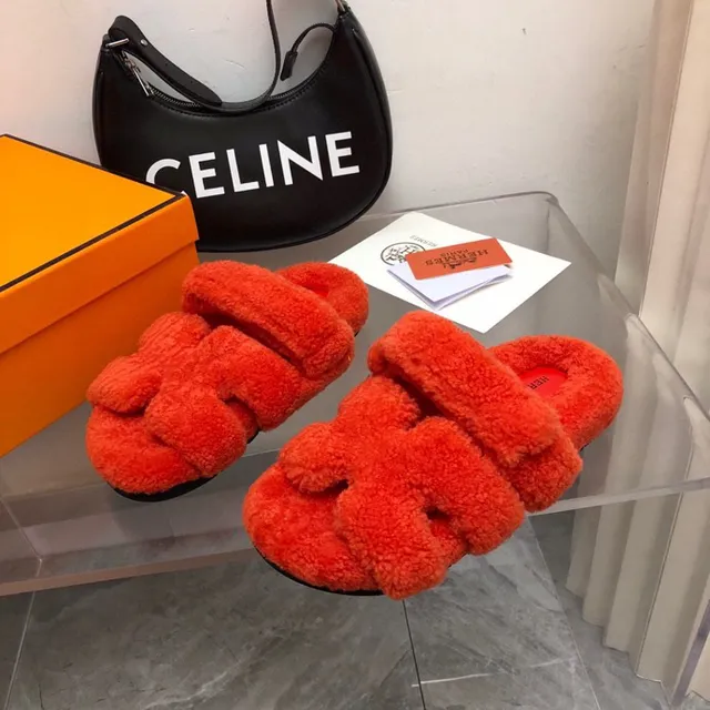 Hermès Orange Red Plush Shearling-Like Upper Double Wide Strap Slippers 6