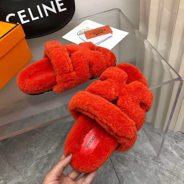 Hermès Orange Red Plush Shearling-Like Upper Double Wide Strap Slippers 7