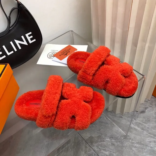 Hermès Orange Red Plush Shearling-Like Upper Double Wide Strap Slippers 8