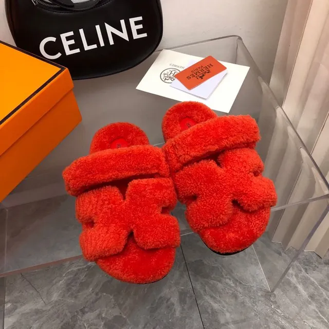 Hermès Orange Red Plush Shearling-Like Upper Double Wide Strap Slippers 9