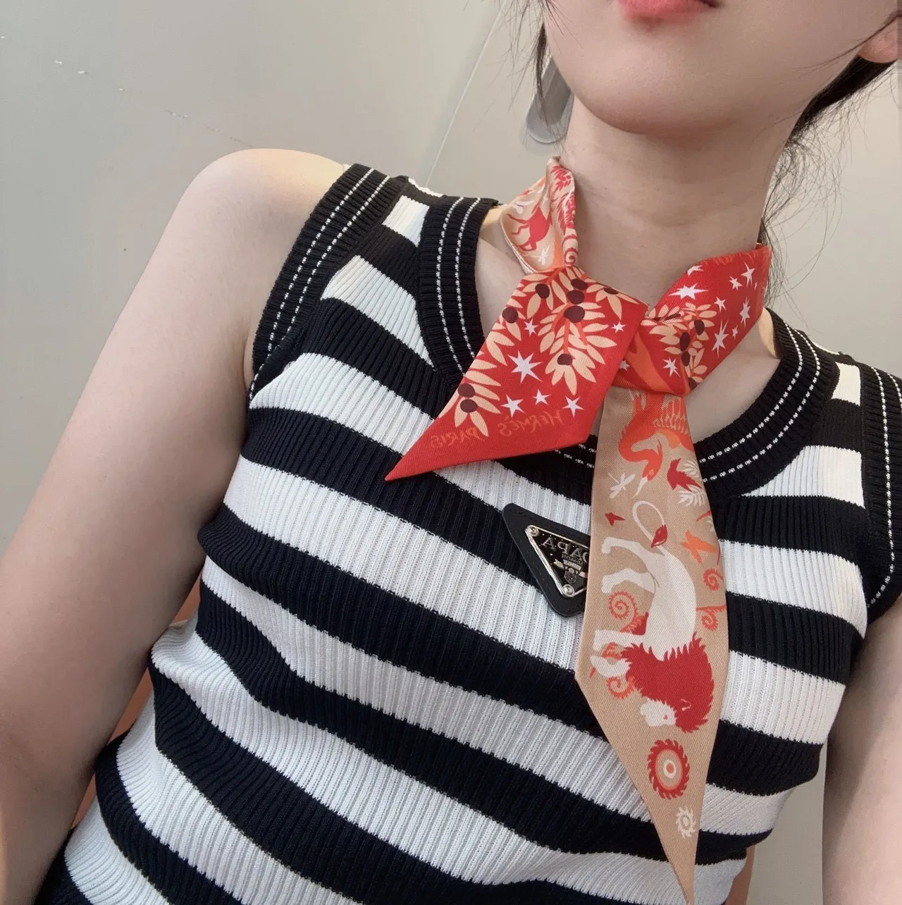Hermès Printed Red Orange and Cream Silk Scarf 2