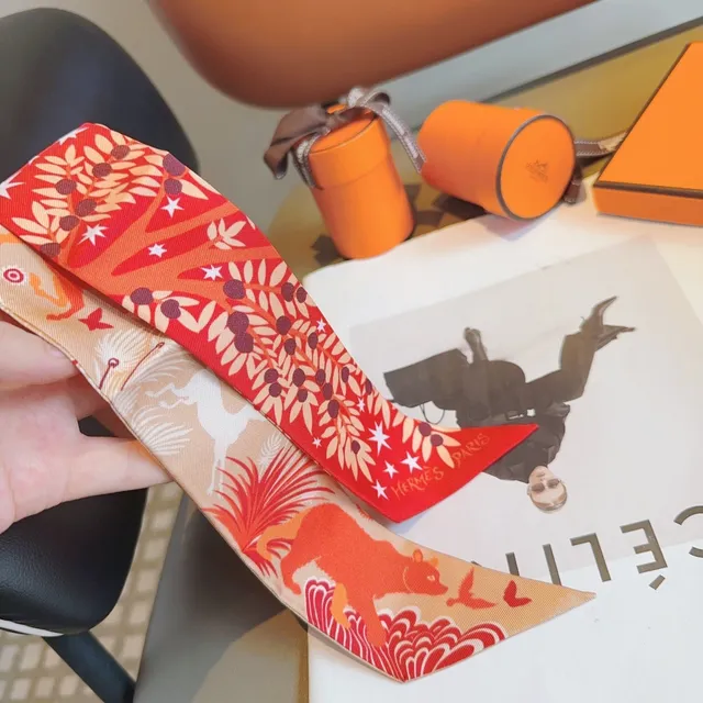 Hermès Printed Red Orange and Cream Silk Scarf 4