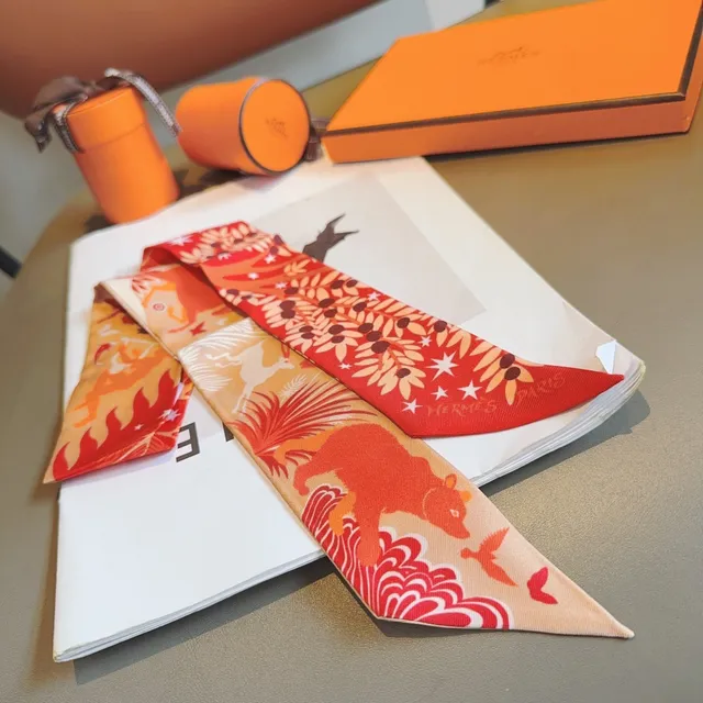 Hermès Printed Red Orange and Cream Silk Scarf 5