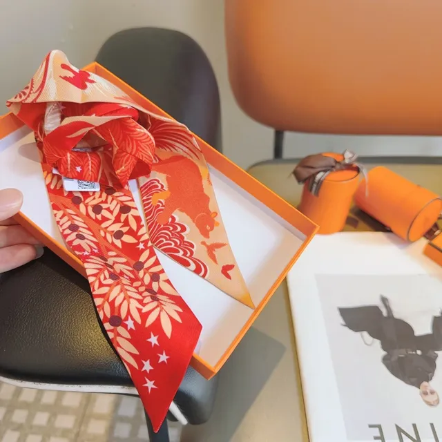 Hermès Printed Red Orange and Cream Silk Scarf 8