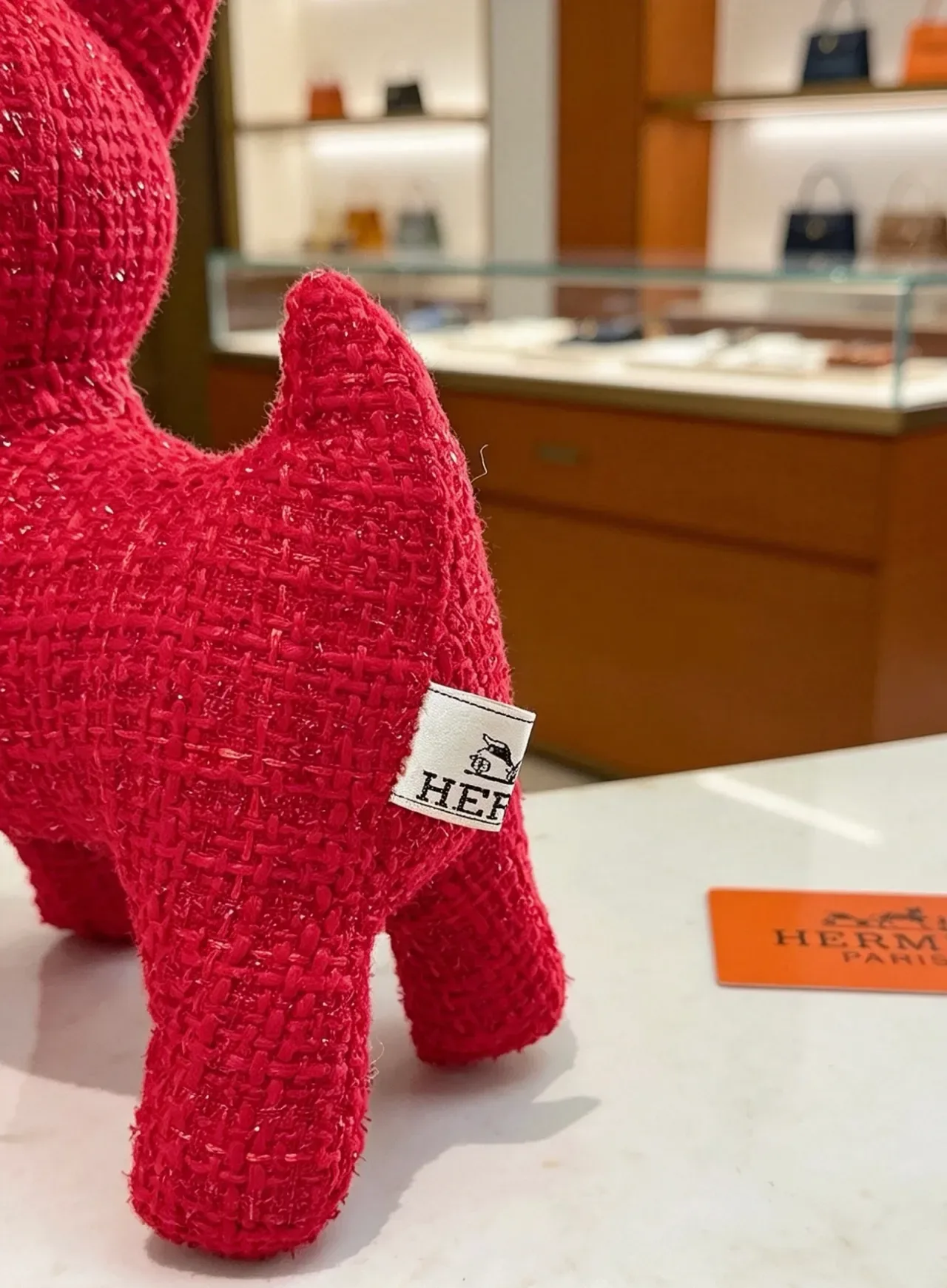 Hermès Red Black Tweed-Textured Plush Dog Figurine Handbag 3