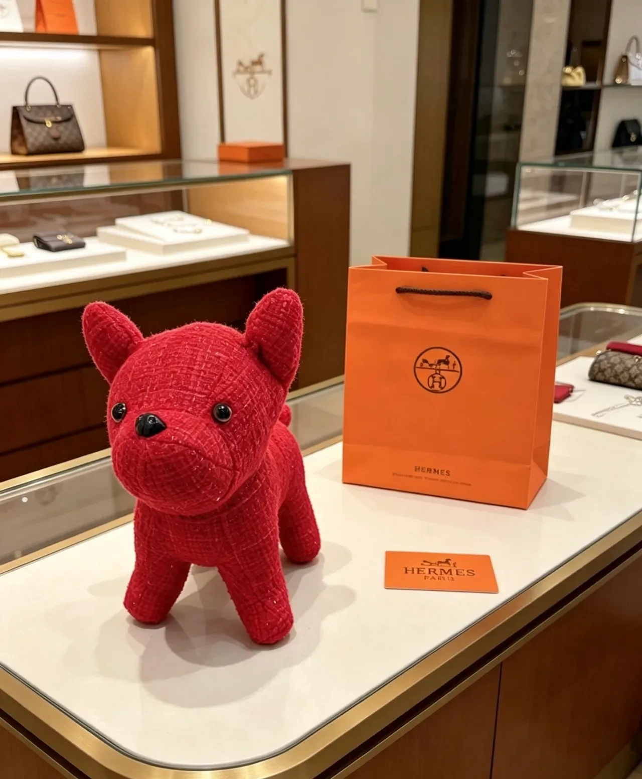 Hermès Red Black Tweed-Textured Plush Dog Figurine Handbag 5