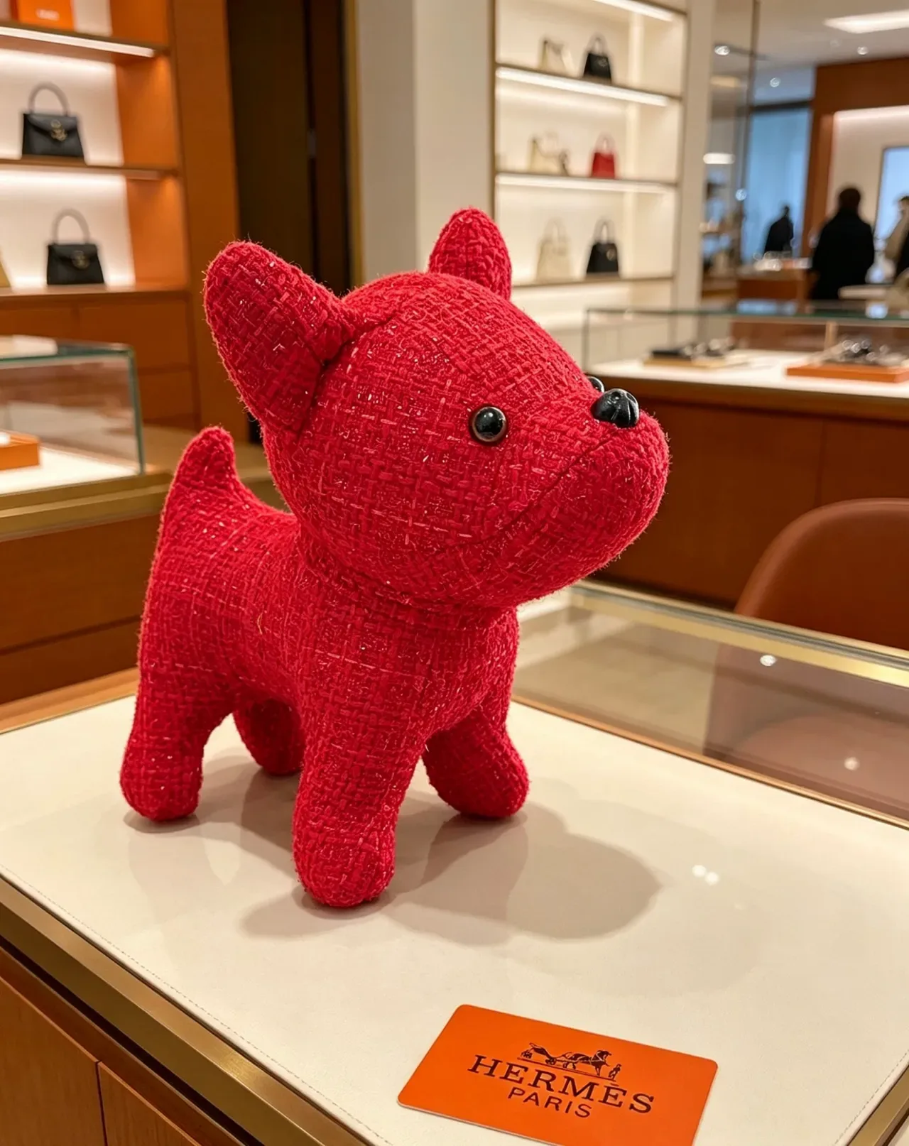 Hermès Red Black Tweed-Textured Plush Dog Figurine Handbag 6