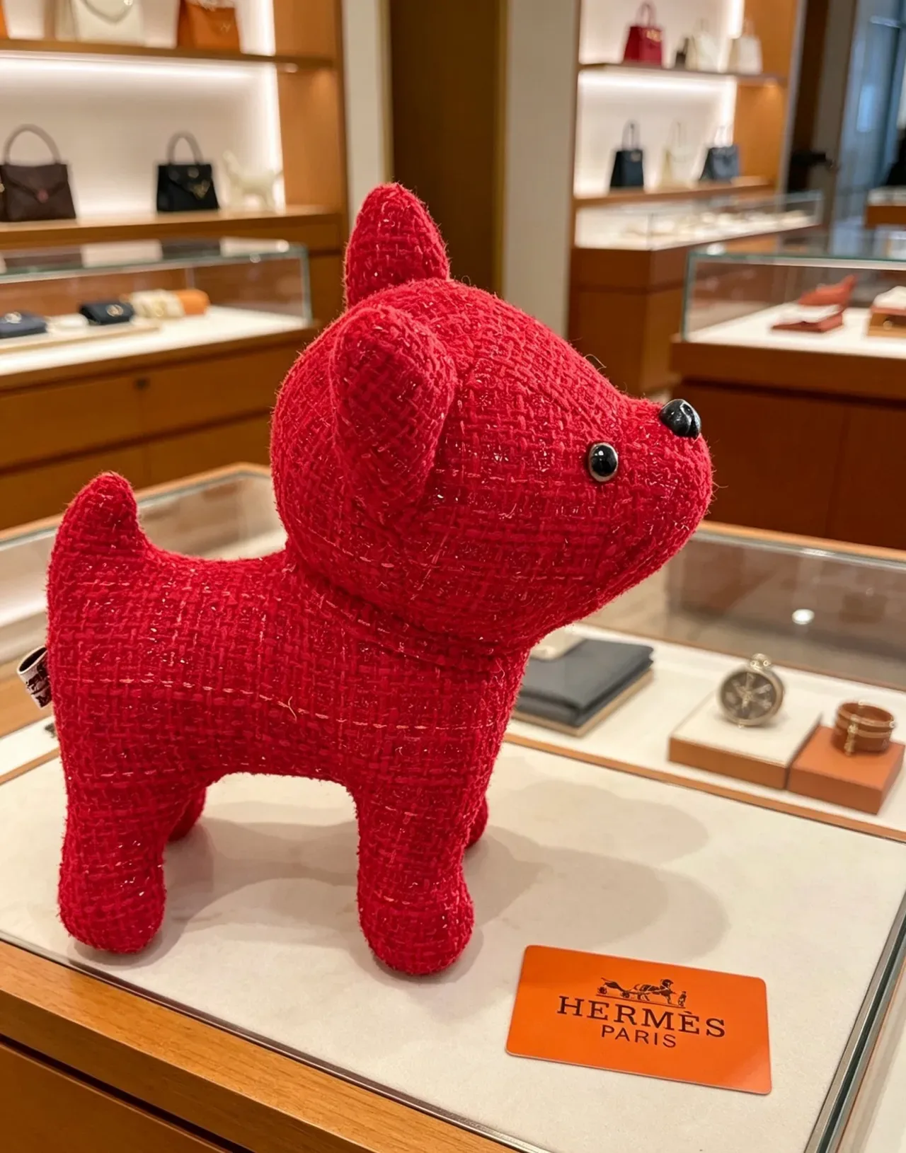 Hermès Red Black Tweed-Textured Plush Dog Figurine Handbag 7