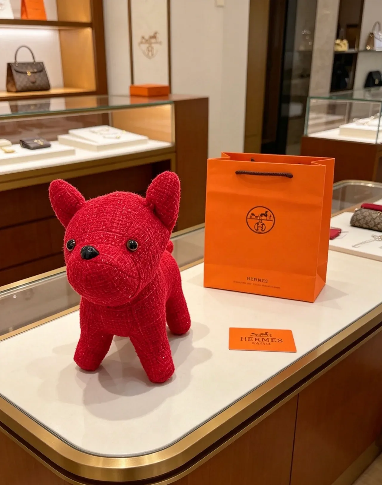 Hermès Red Black Tweed-Textured Plush Dog Figurine Handbag 8