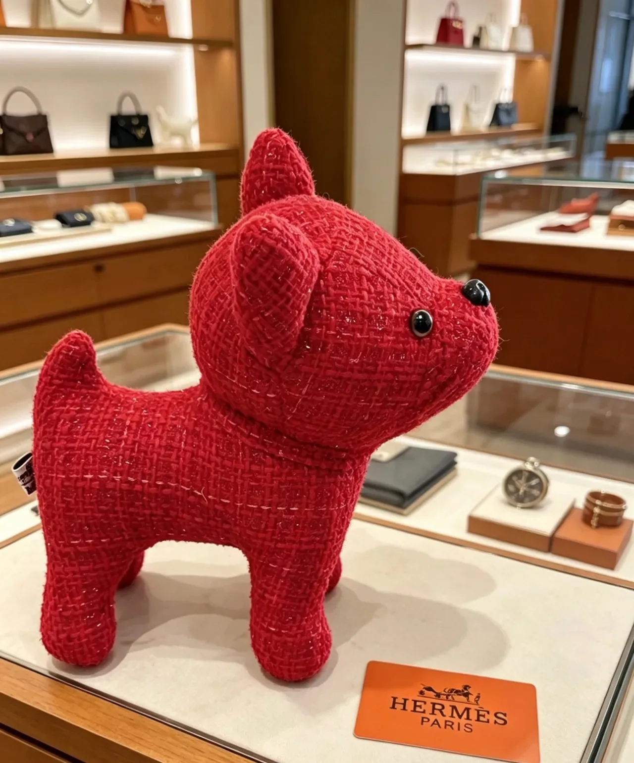 Hermès Red Black Tweed-Textured Plush Dog Figurine Handbag 9