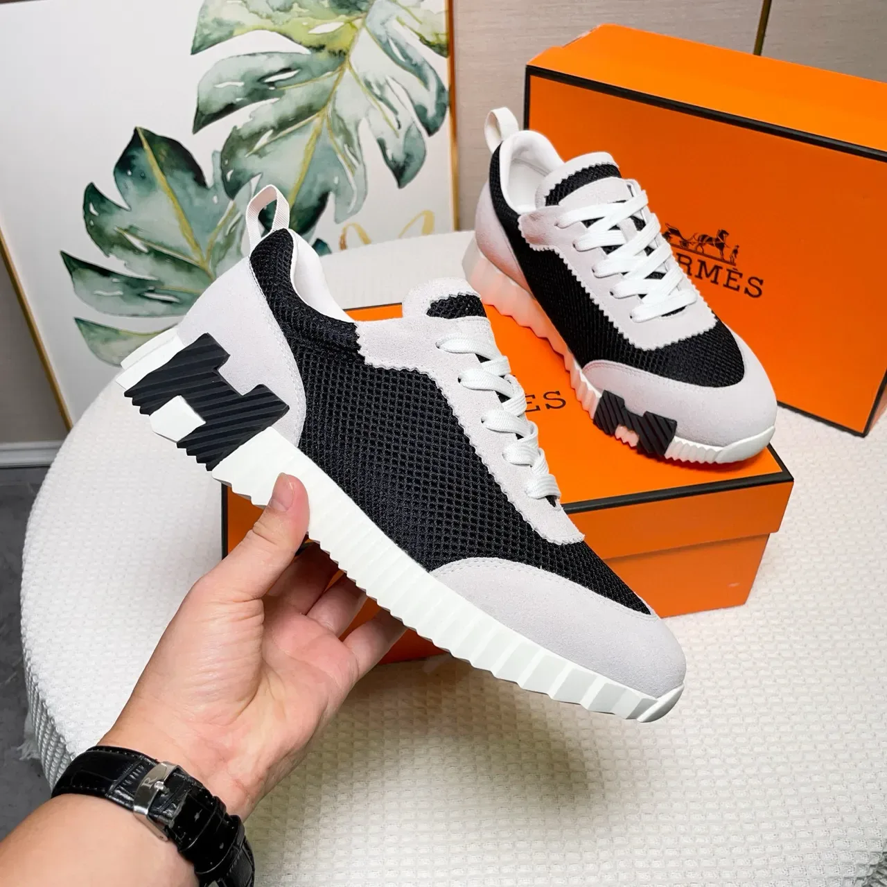Hermès Two-Tone Mesh and Suede Lifestyle Sneakers 4