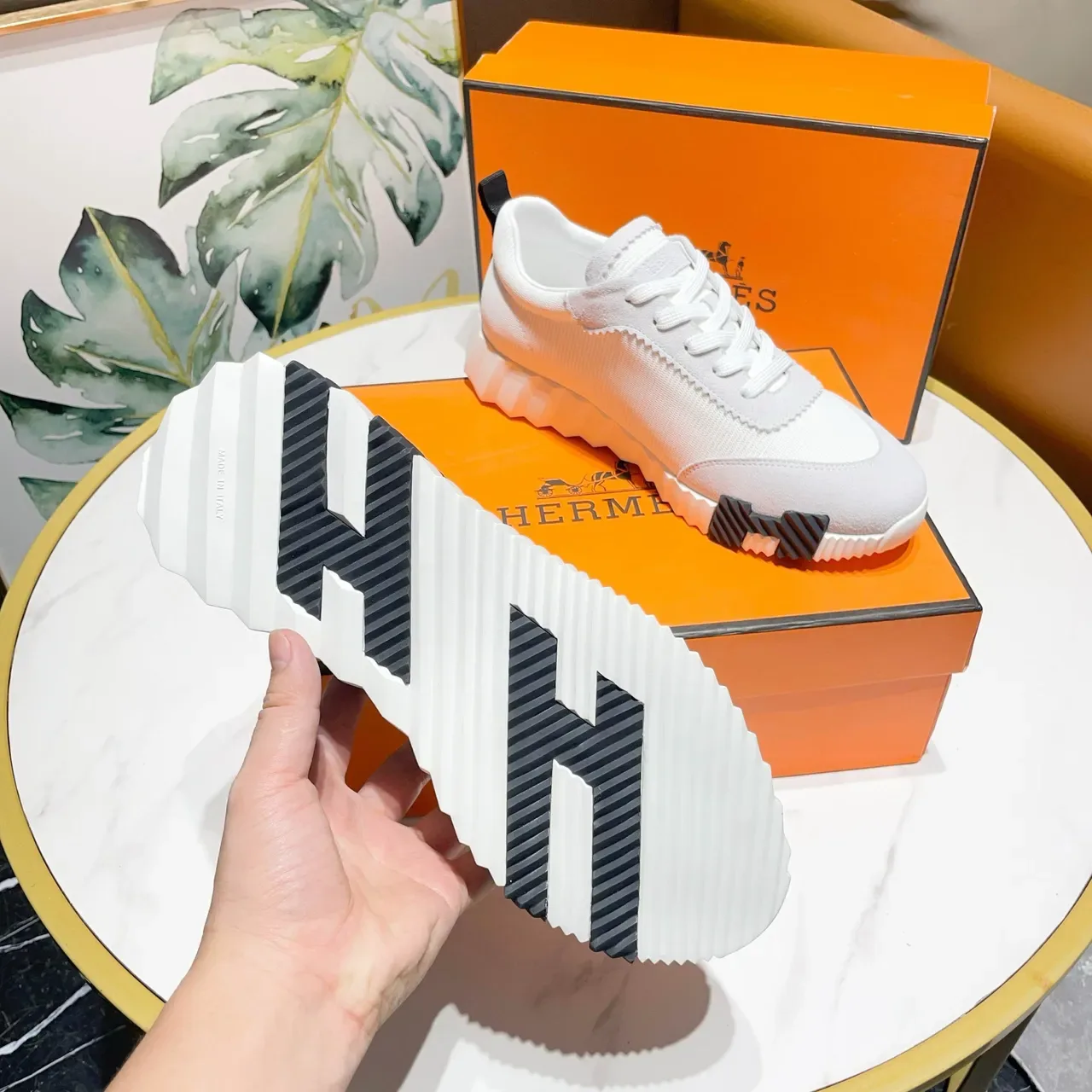 Hermès Blanc Noir Textil-Ante Híbrido Superior Panneaux à Coutures Zigzag Sneakers Lifestyle 2