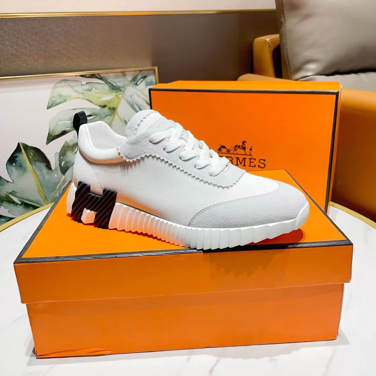 Hermès Blanc Noir Textil-Ante Híbrido Superior Panneaux à Coutures Zigzag Sneakers Lifestyle 3