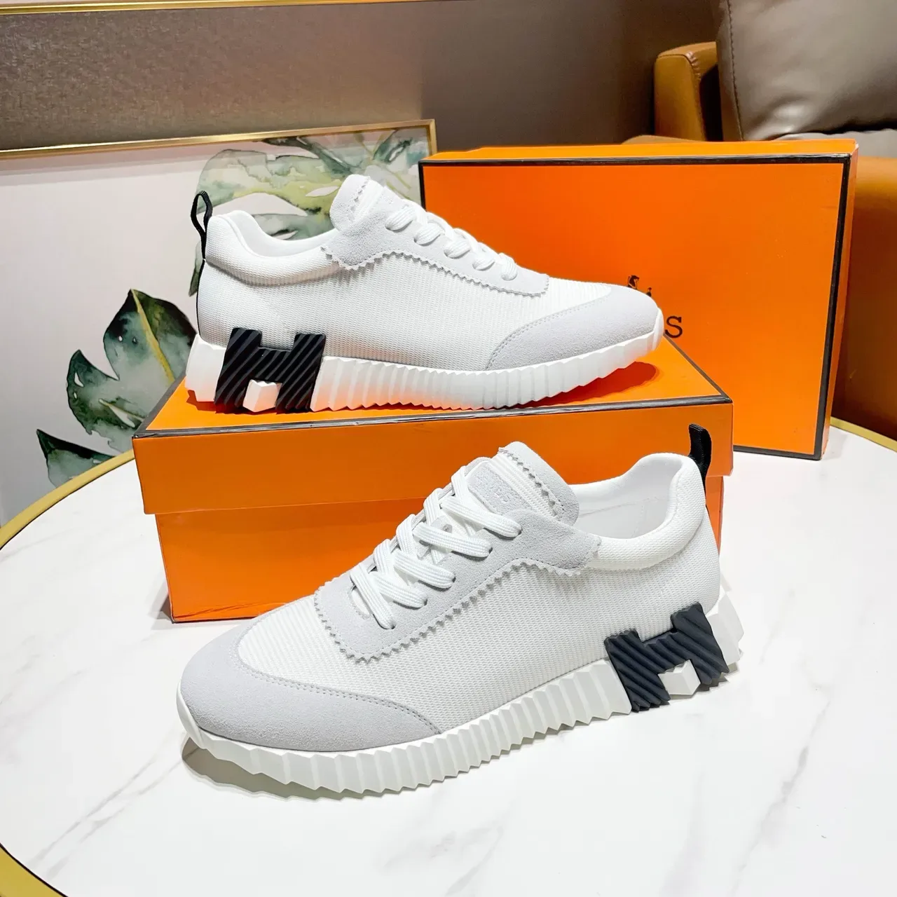 Hermès Blanc Noir Textil-Ante Híbrido Superior Panneaux à Coutures Zigzag Sneakers Lifestyle 4