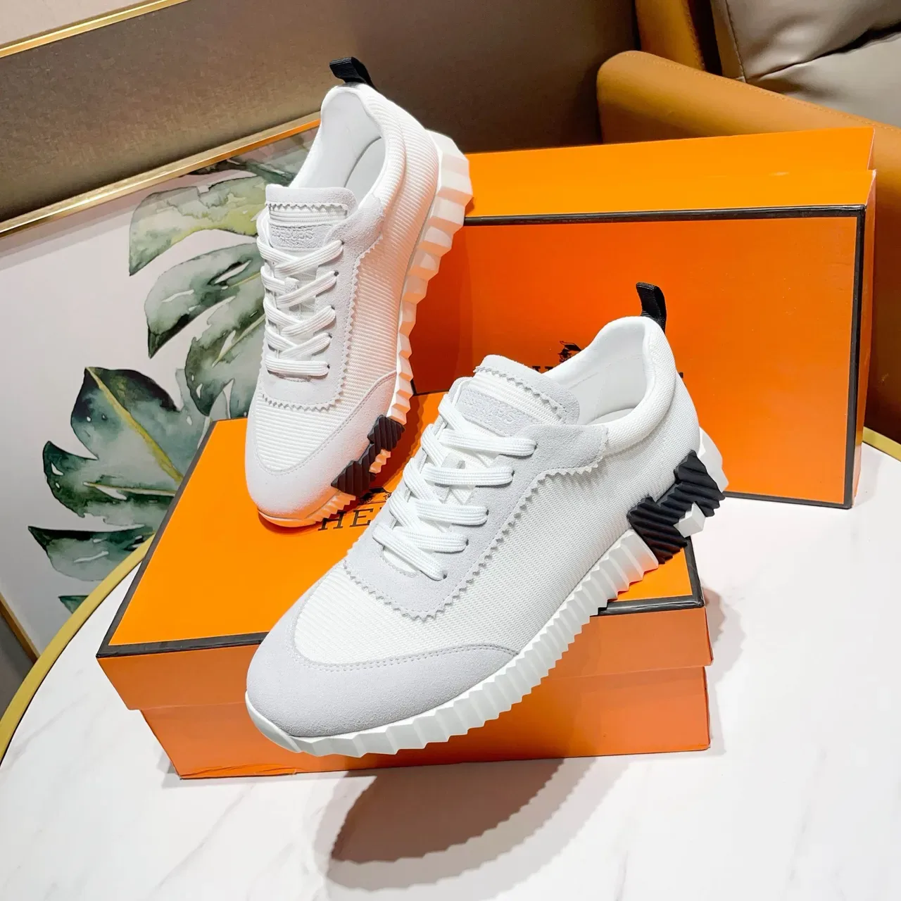 Hermès Blanc Noir Textil-Ante Híbrido Superior Panneaux à Coutures Zigzag Sneakers Lifestyle 5