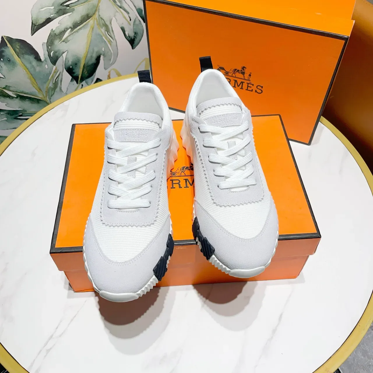 Hermès Blanc Noir Textil-Ante Híbrido Superior Panneaux à Coutures Zigzag Sneakers Lifestyle 6