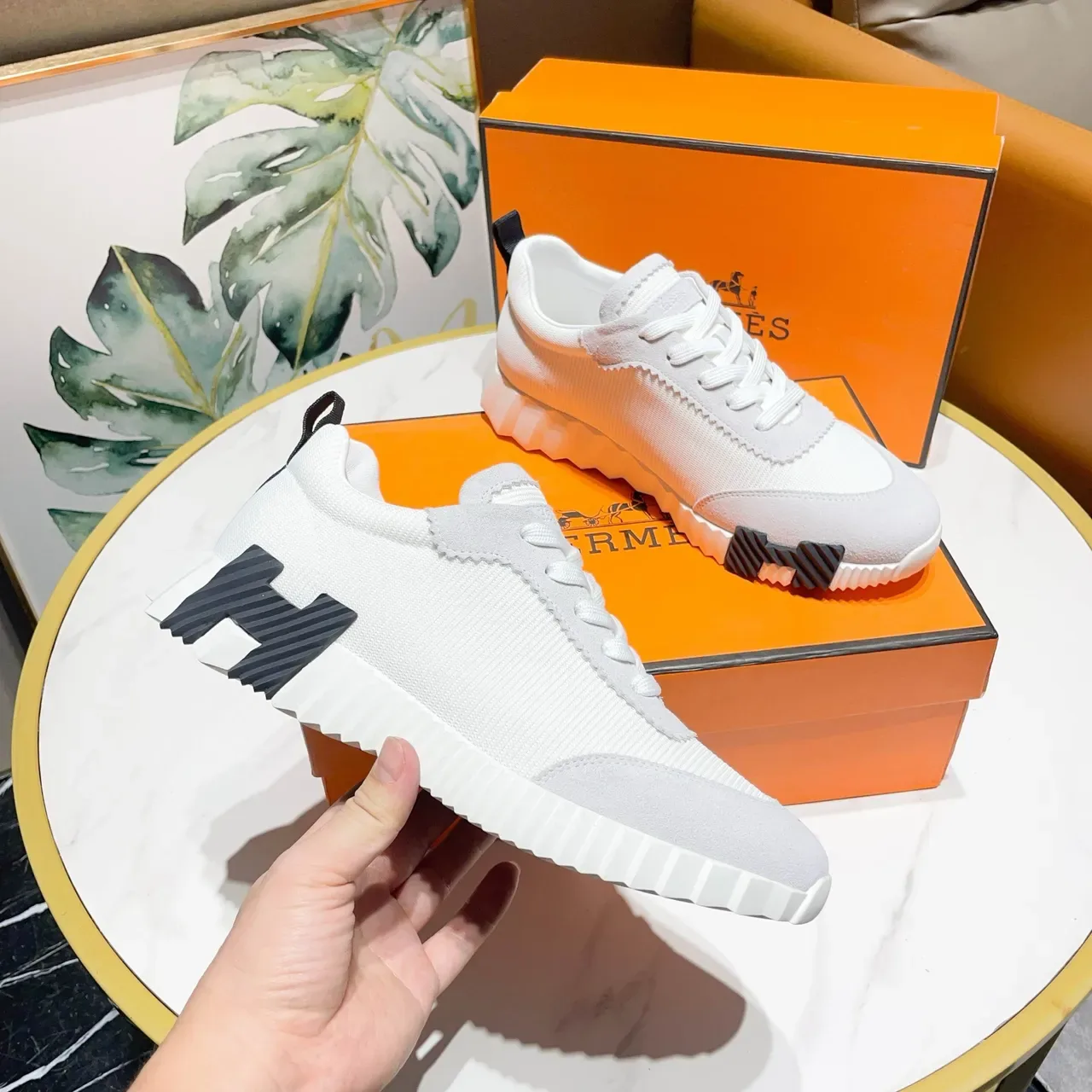 Hermès Blanc Noir Textil-Ante Híbrido Superior Panneaux à Coutures Zigzag Sneakers Lifestyle 7