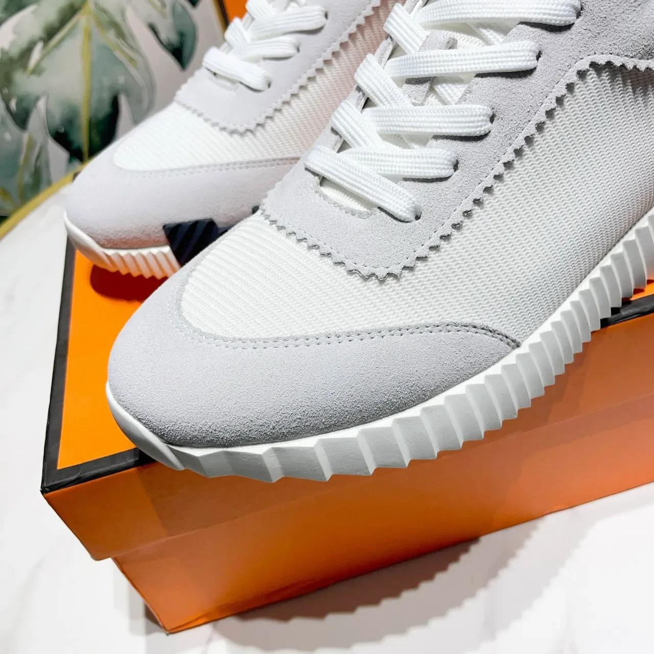 Hermès Blanc Noir Textil-Ante Híbrido Superior Panneaux à Coutures Zigzag Sneakers Lifestyle 8