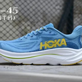 Hoka أحذية الجري أزرق أصفر الجزء العلوي من التنسج الهندسي وسط الراحة الأقصى