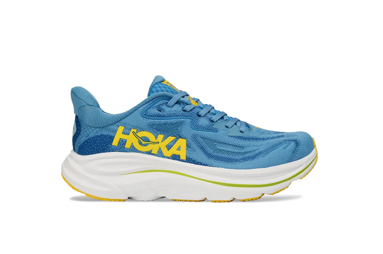 Hoka أحذية الجري أزرق أصفر الجزء العلوي من التنسج الهندسي وسط الراحة الأقصى 2