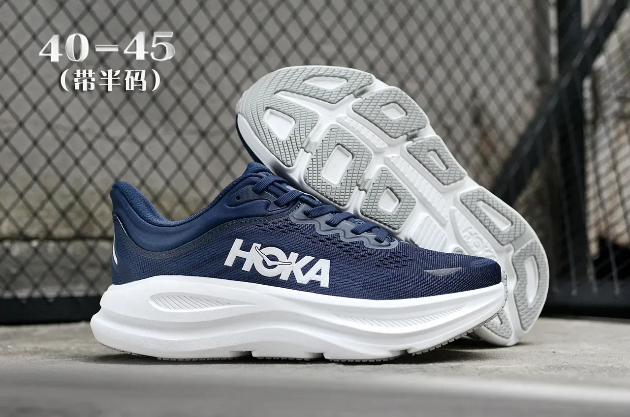 Hoka Clifton Navy White Engineered Mesh Upper Thick Sculpted Midsole Running Shoes 7
