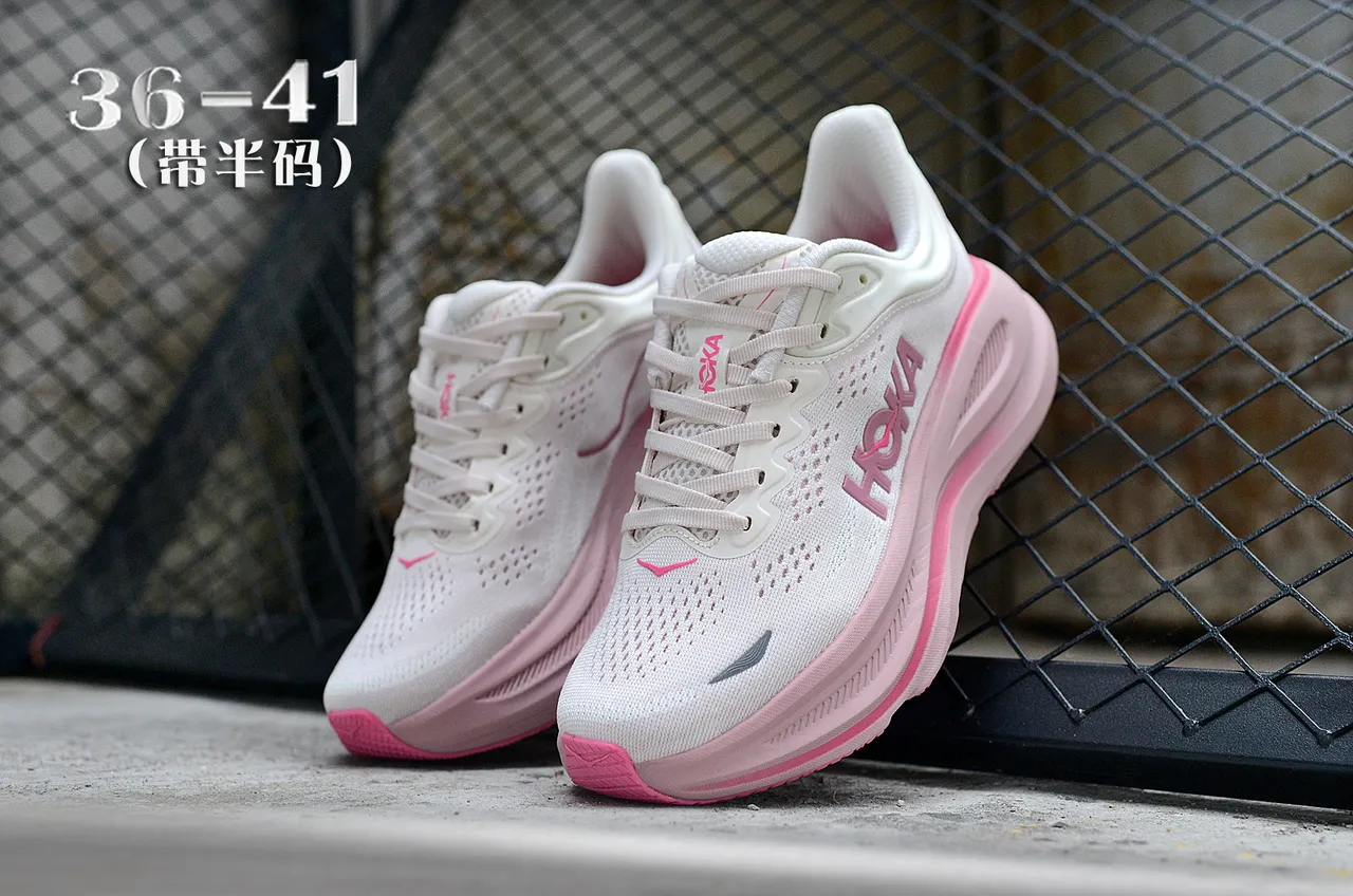 Hoka Clifton Blanc Rose Tige En Maille Ingénierisée Semelle Épaisse Amortie Chaussures De Course 5